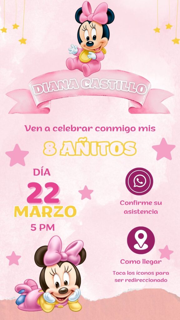 Invitación digital de cumpleaños de Minnie mouse en Canva