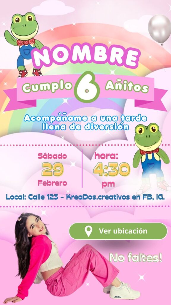 Invitación digital de cumpleaños de la rana rene en canva