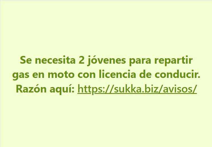 Se necesita 2 jóvenes para repartir gas en moto con licencia de conducir